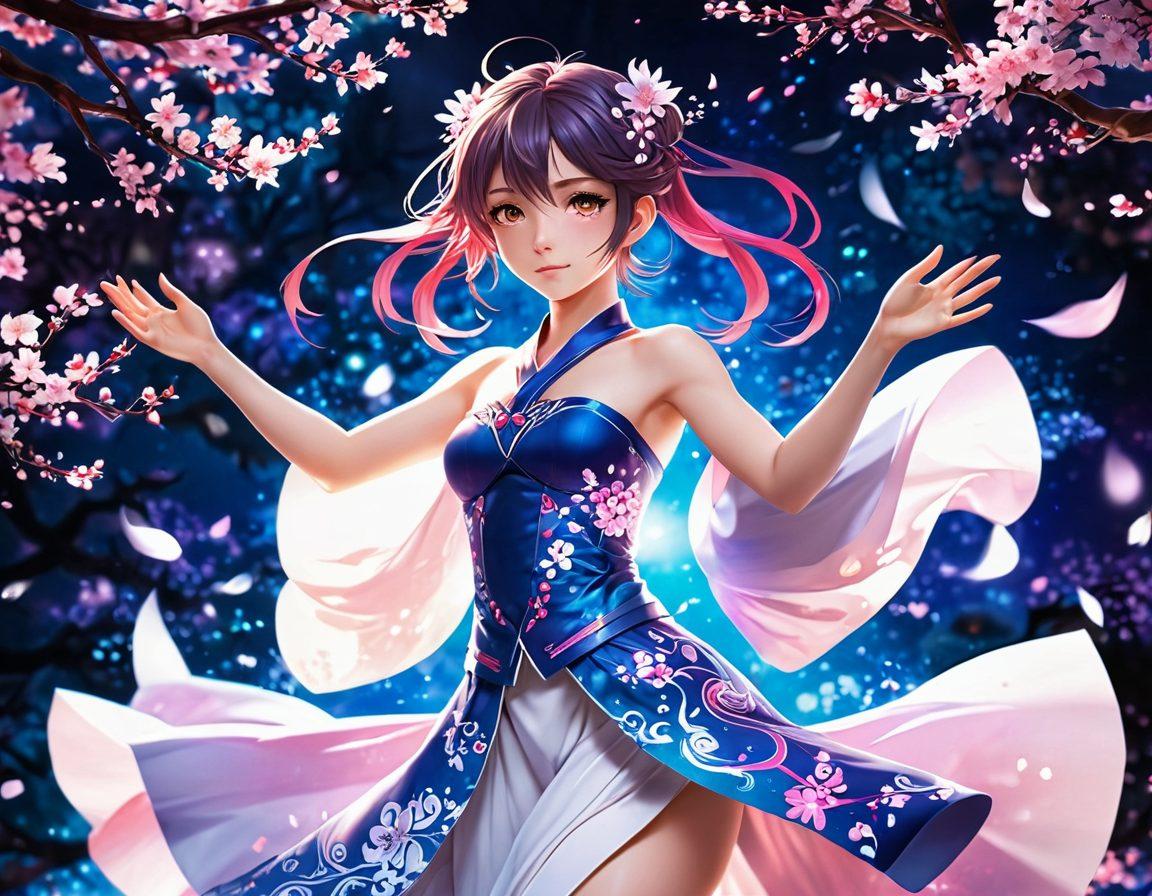 A vibrant and colorful illustration of a stylized anime character, expressing emotion through dynamic poses in a fantastical setting, surrounded by swirling patterns of desire and fantasy. Include elements like cherry blossoms and soft glows to enhance the ethereal feel, with a hint of playful mischief in the character's expression. Capture the essence of passion and creativity that defines this artistic genre. super-realistic. vibrant colors. fantasy style.